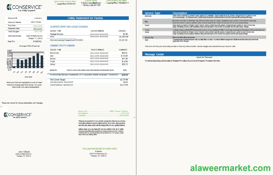 USA Conservice utility bill template in Word and PDF formats, 2 pages, version 2